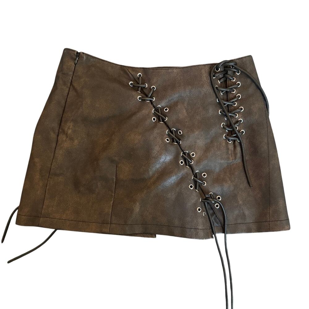 Distressed Brown Faux Leather Lace Up Corset Mini Skirt Edgy Grunge Medium